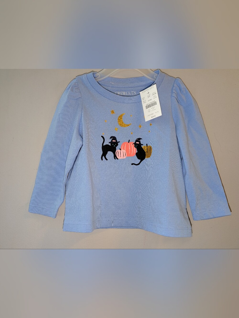 🆕 Crewcuts Light Blue Long-Sleeve Tee with Black Halloween Cats & Pumpkin 12-18